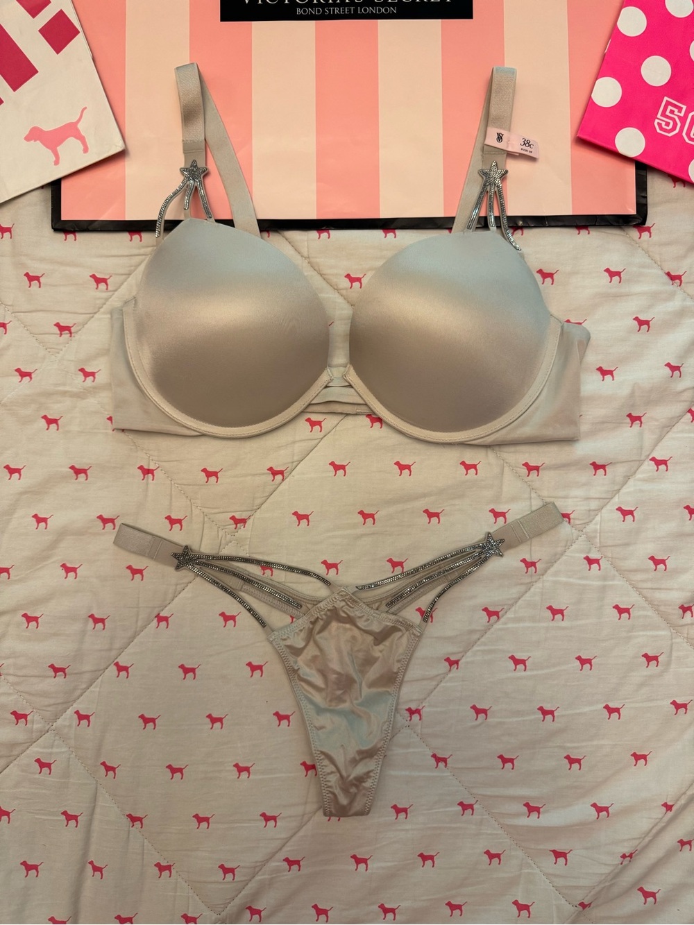 VICTORIA’S SECRET VERY SEXY BRA & THONG PANTY SET STAR SHINE BLING STRAP RARE